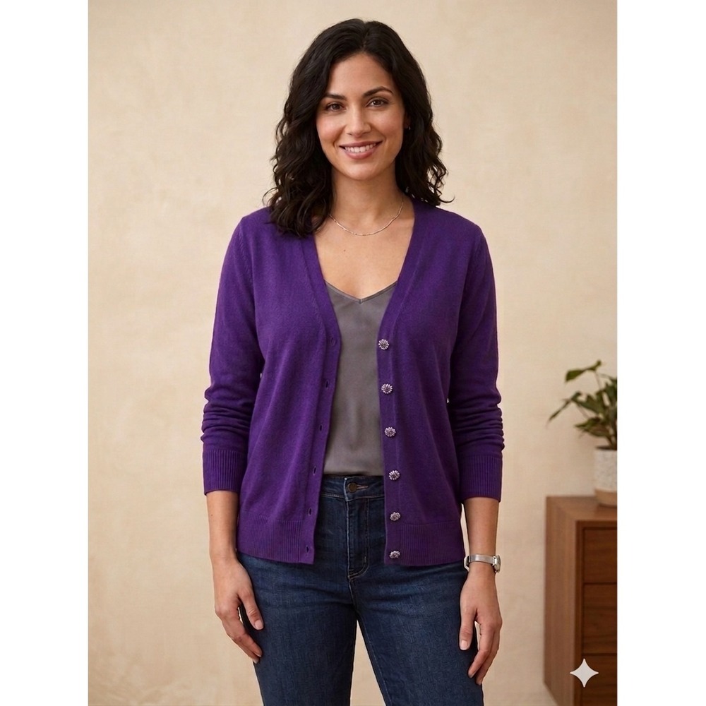 7th Avenue New York & Company Purple V-Neck Cardigan Sweater Glitter‎ Buttons L